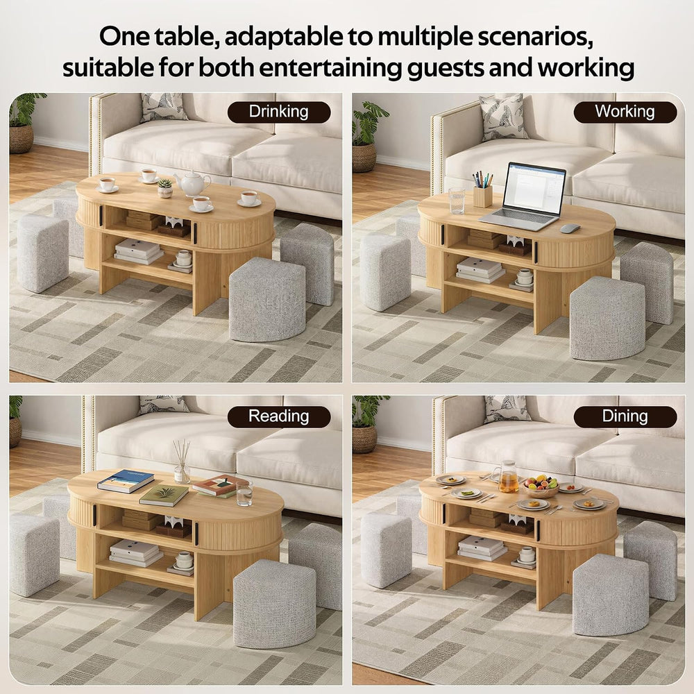 Oval Coffee Table Set with Storage and 4 Fabric Stools,Center Table | Feature...