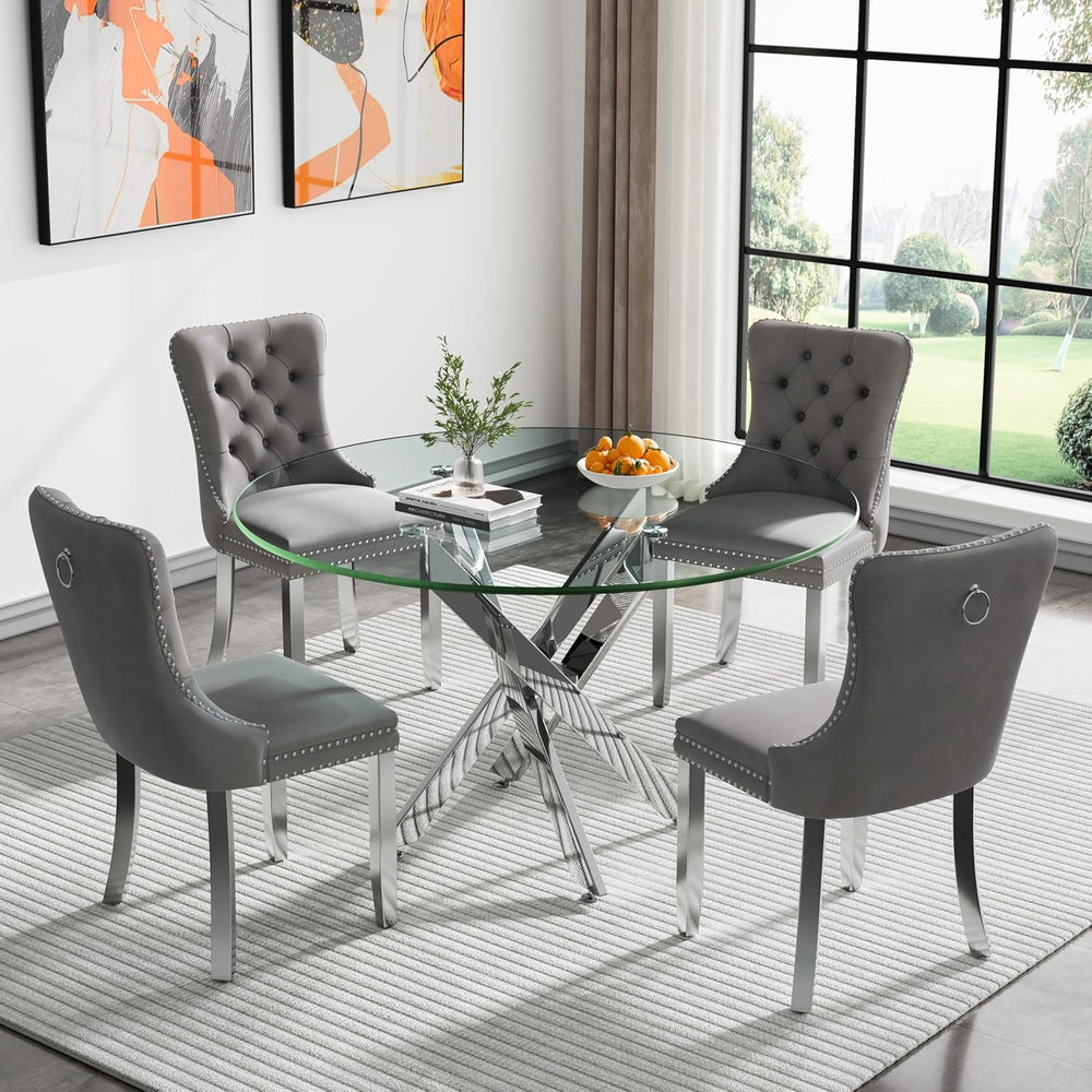 Round Glass Dining Table Set for 4, Small Kitchen Table Set for 4, 47" R...