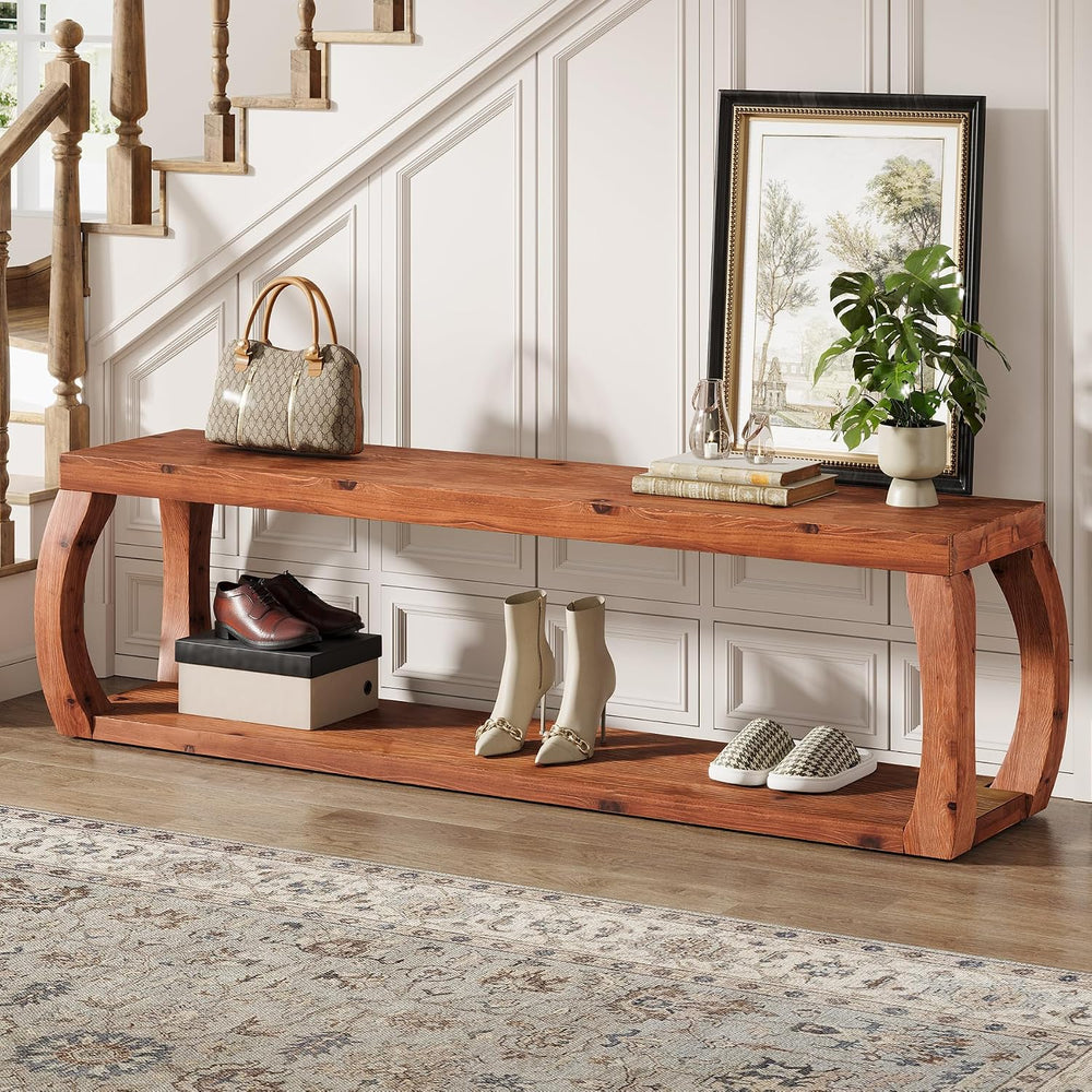 2-Tier Solid Wood Entryway Bench, 59" Long Farmhouse End of Bed Bench wi...