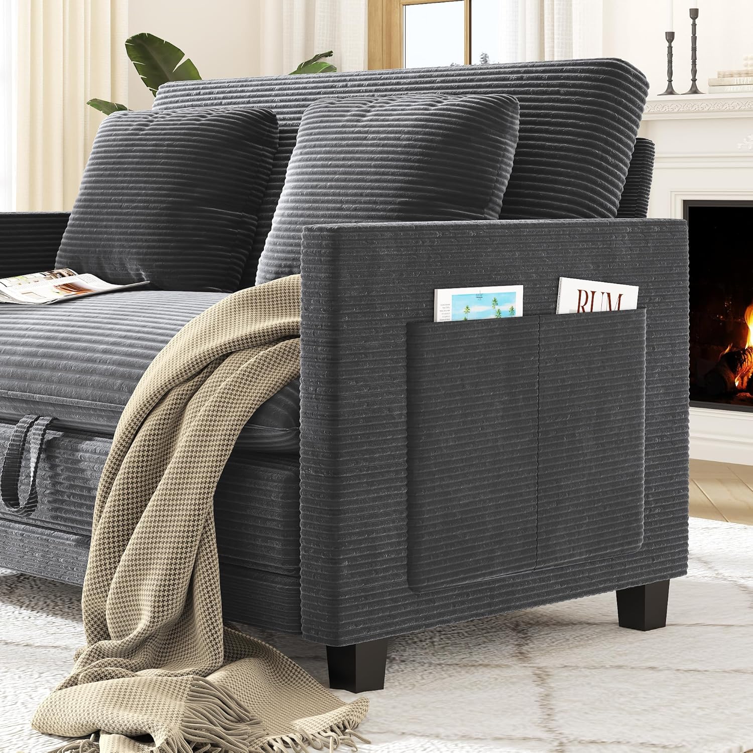 XVD 51 Inch Convertible Sofa Bed Sleeper with Storage Pockets & 2 Pillows - 2-in-1 Folding Loveseat for Small Spaces, Modern Corduroy Loveseat for Apartment, Living Room, Guest Room, Grey