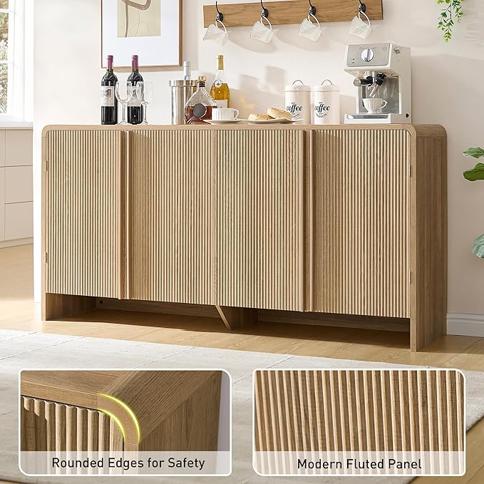 AMERLIFE 63" Fluted TV Stand Media Console Cabinet with Storage, Modern Credenza Entertainment Center with 4 Doors & Adjustable Shelves, Wood Coffee Bar for Living Room, Hallway, Natural Oak