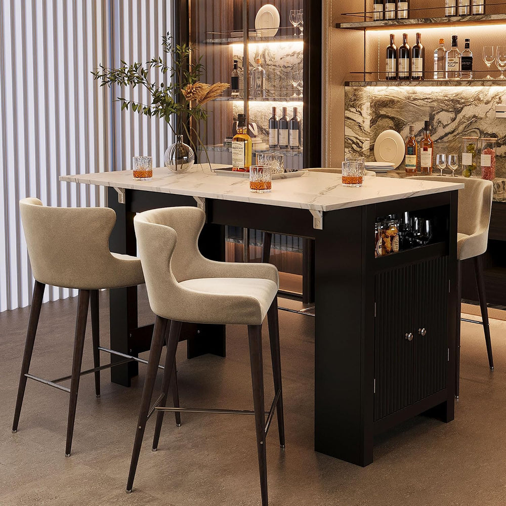 3-in-1 Dining Table with Foldable Tabletop & Marble Grain Top, Black+Waln...