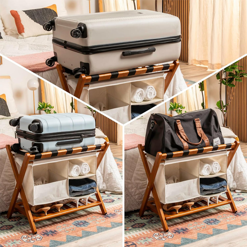 Fully Assembled Walnut Bamboo Folding Luggage Rack for Guest Room, 26.75" Folding Suitcase Stand with Removable Laundry Bag & Storage Shelf, Heavy Duty Foldable Luggage Stand for Bedrooms, Hotels, Airbnbs Holds 215lb