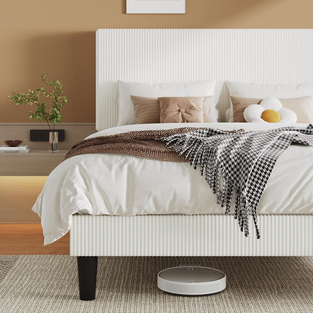 Allewie Queen Bed Frame, Corduroy Tufted Headboard, White