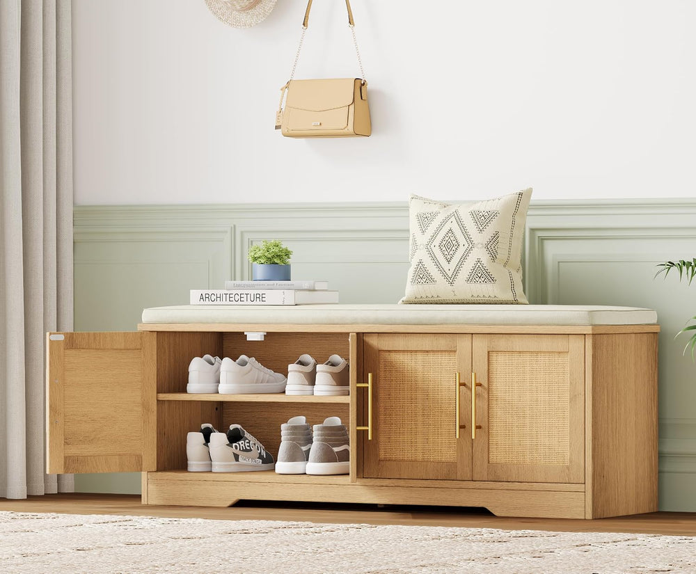 Rattan Shoe Storage Bench, 47.2" Wide Entryway Bench, Natural Oak | 2 Ti...