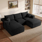 113" Modular Sectional Sofa Boneless U-Shaped Couches for Living Room | Modern Corduroy Cloud Couch Sofa with Memory Foam Deep Seat and Non-Slip Base, No Assembly, Black