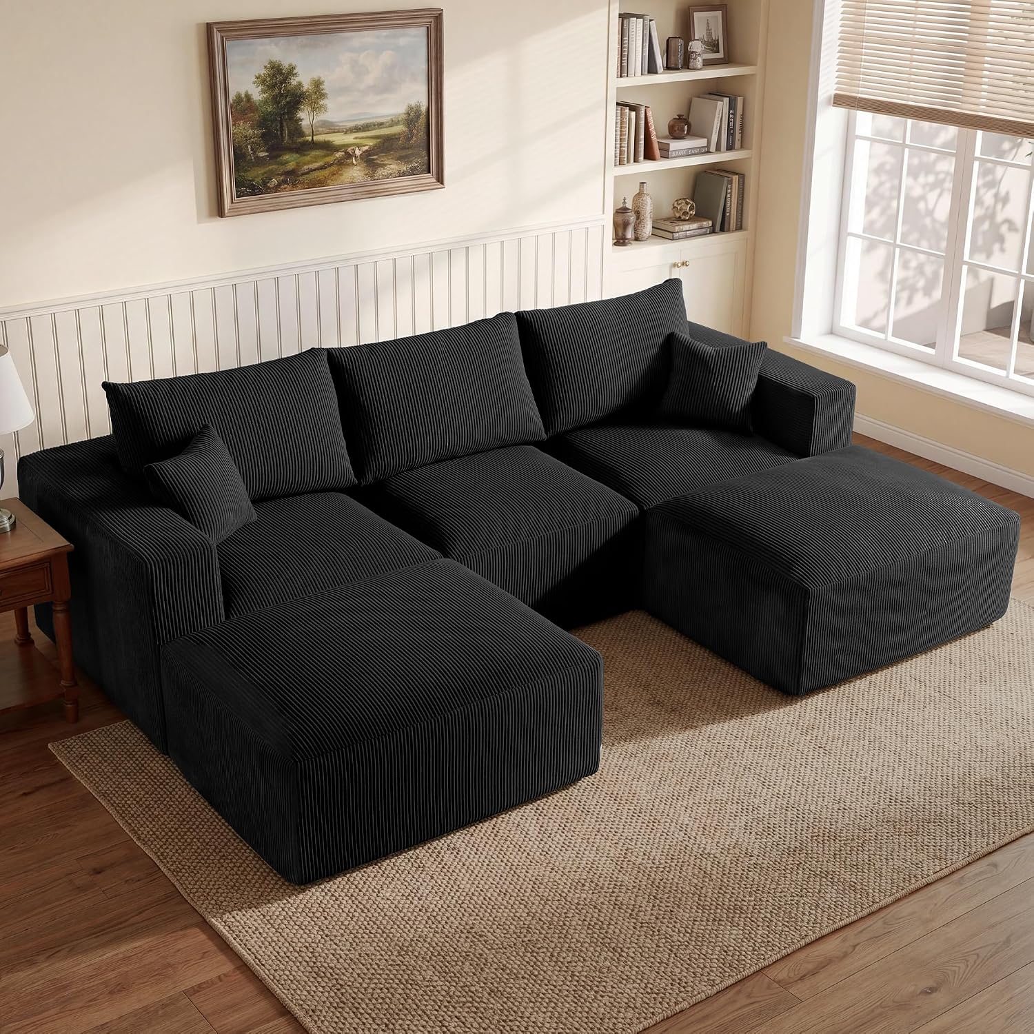 113" Modular Sectional Sofa Boneless U-Shaped Couches for Living Room | Modern Corduroy Cloud Couch Sofa with Memory Foam Deep Seat and Non-Slip Base, No Assembly, Black