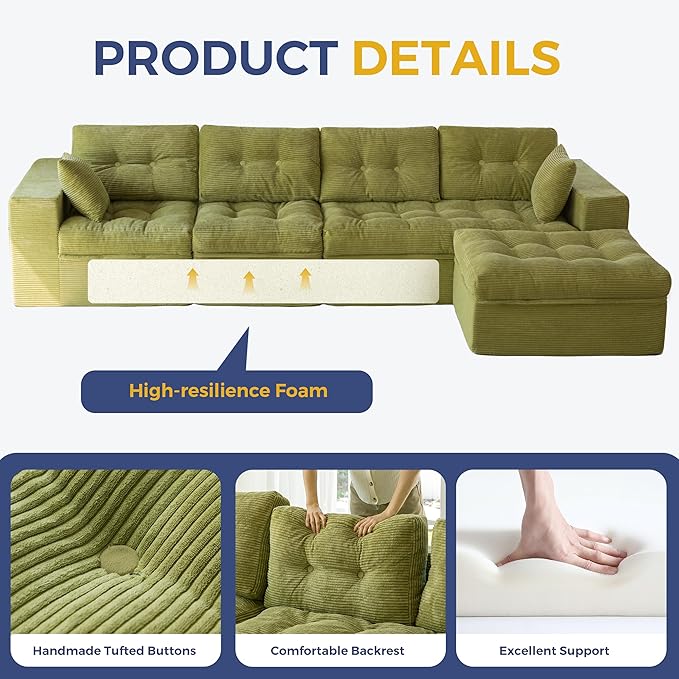 MAXYOYO 132" L Shaped Modular Sectional Sofa with Ottoman, Cloud Boneless Couch with Layered Cushion, Upholstered Sofa in a Box, Flexible Module Combination for Living Room, No Assembly, Green