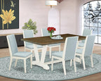 East West Furniture V077LA015-7 7 Piece Dining Table Set Consist of a Rectangle Kitchen Table with V-Legs and 6 Baby Blue Linen Fabric Upholstered Chairs, 40x72 Inch, Multi-Color