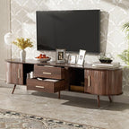 Mid Century Modern TV Stand for TVs up to 75”, Fluted Entertainment Center, Media Console with Tambour Sliding Doors and Wood Panel Drawers, Walnut Finish Media Console for Living Room