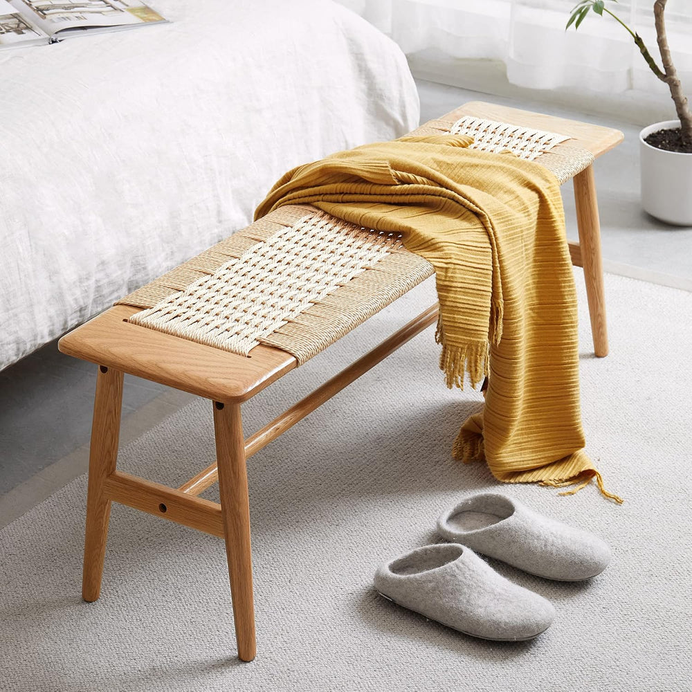 KEIKI Woven Dining Bench, 100% Solid Wood Bench for Dining Room, Bedroom, Liv...