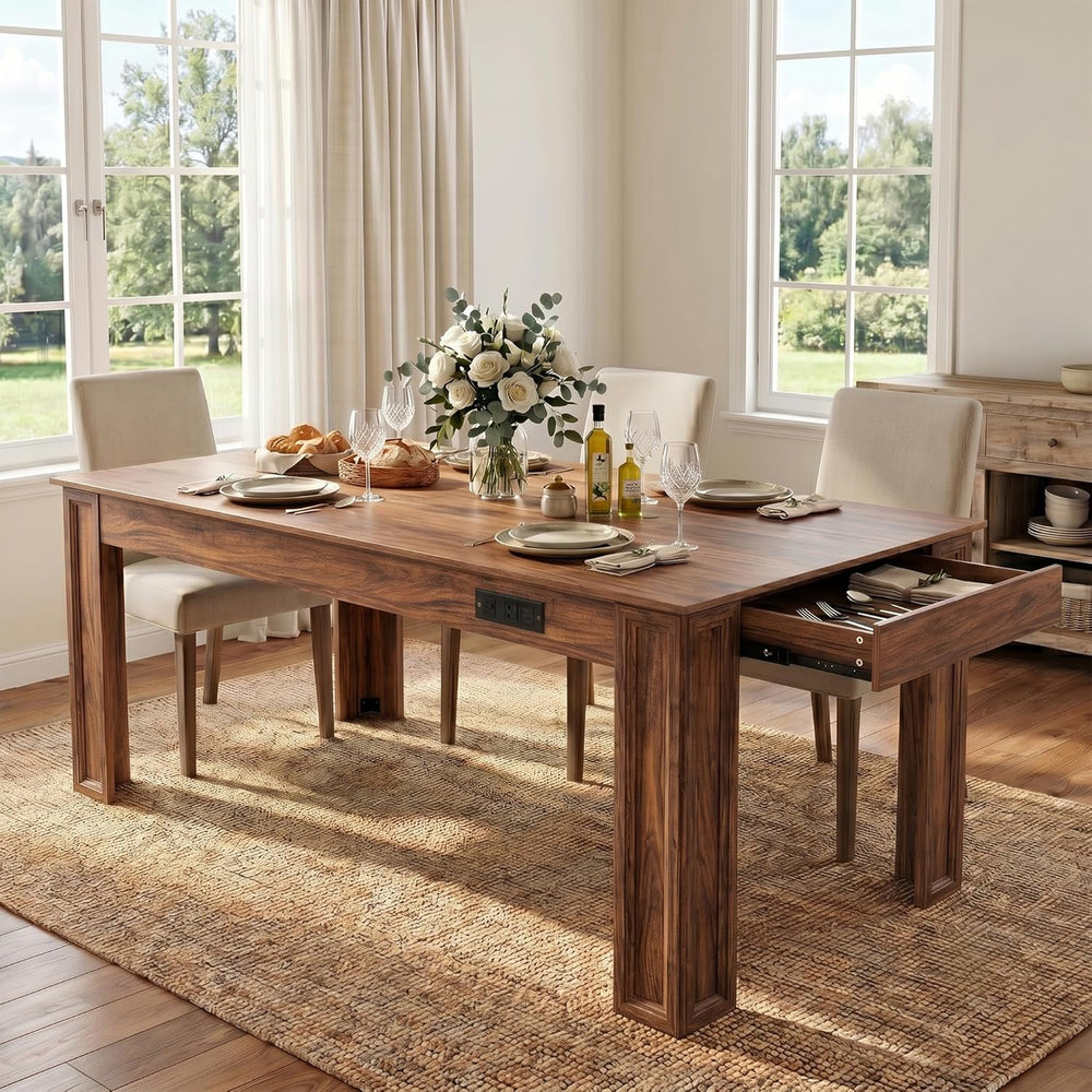Farmhouse Dining Table for 6-8 People, 71-Inch Wooden Kitchen Table with 2 Dr...