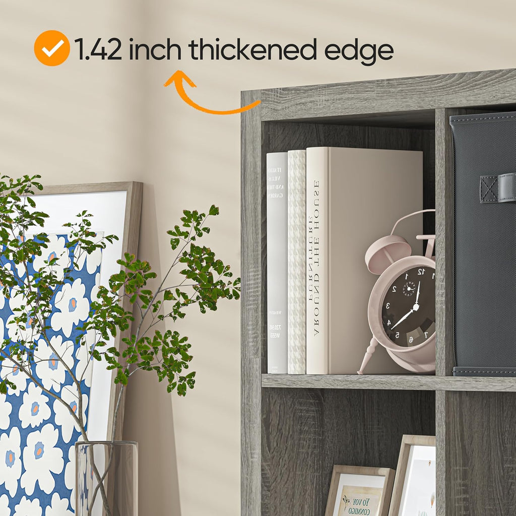 furtble Bookshelf with Storage Bin, 4-Cube Storage Organizer, Modern Wood Open Bookcase, Multifunctional Display Shelf for Living Room, Bedroom, Home Office, Gray Oak