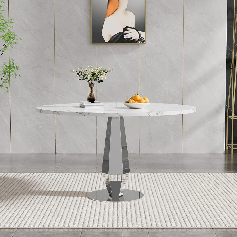 Henf Modern Round Dining Table for 4-6 White Silver 47" Faux Marble Kitc...