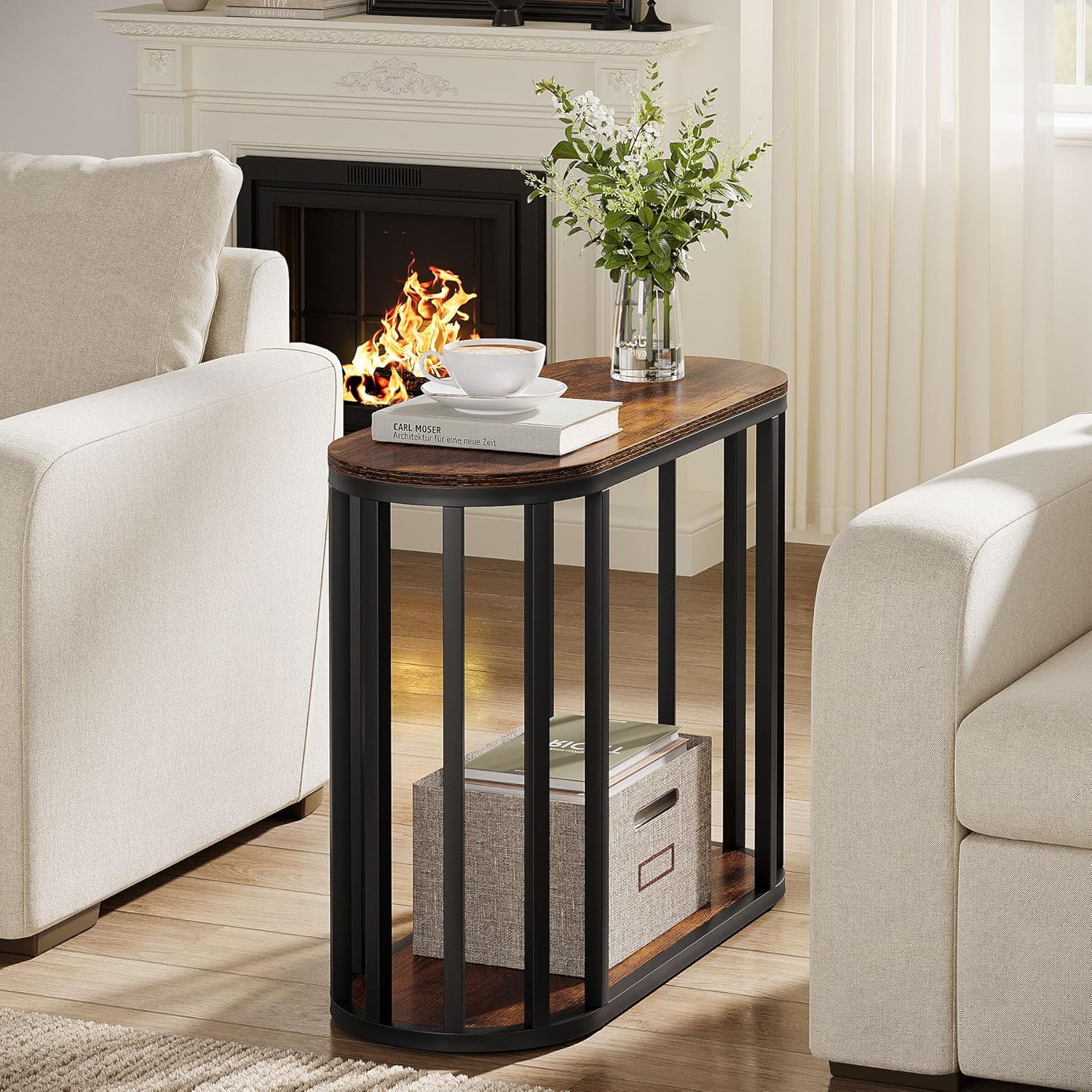 Tribesigns Narrow End Table with Storage, 2-Tier Industrial Side Table with Black Metal Frames, Small Nightstand Bedside Table for Living Room, Bedroom, Rustic Brown, 31.5"D x 11.81"W x 23.62"H (1)