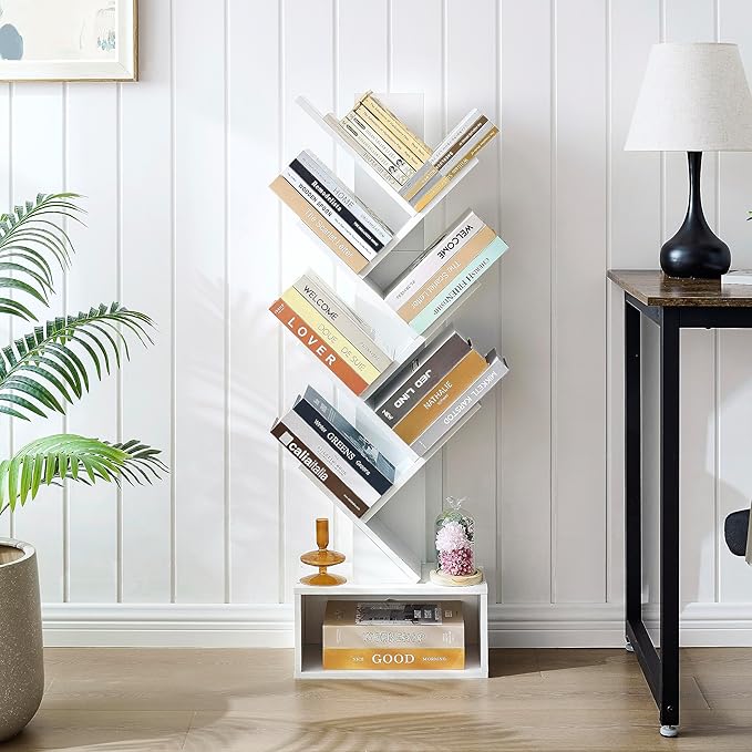 Hoctieon 6 Tier Tree Bookshelf, Tall Bookcase with Drawer, Freestanding Book Shelf, Display Floor Standing Storage Shelf, Book Organizer Shelves for Home Office, Living Room, Bedroom, White