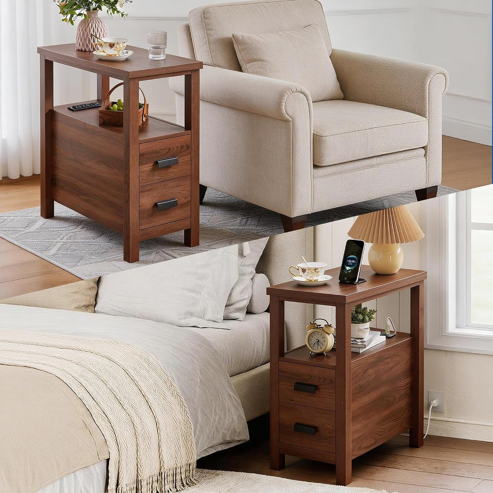 Farmhouse Side Table with Charging Station and 2 Drawers, Antique Nightstand ...