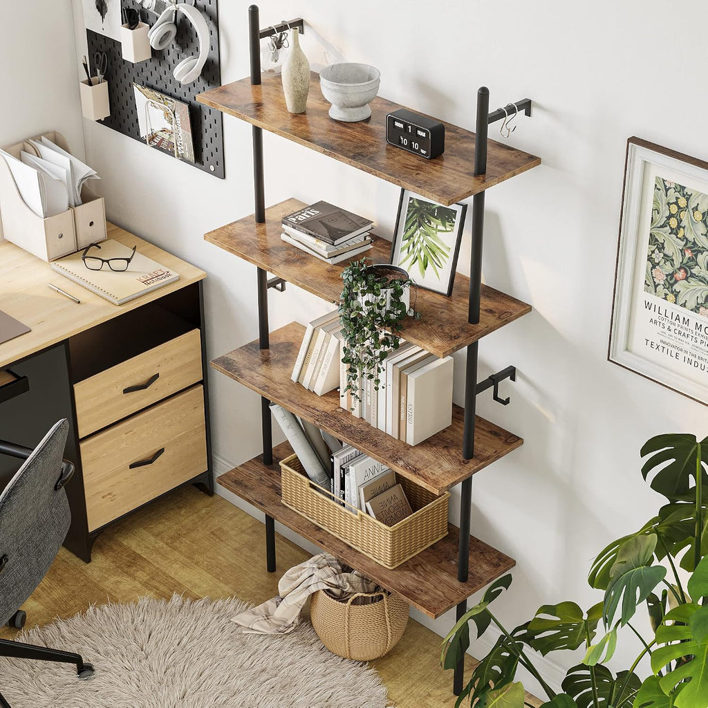 Bestier 65" Industrial Wall-Mounted Ladder Shelf 4 Tier Bookshelf with Storage Organizer Plant Flower Display Stand Round Tube Bookcase Rack with 2 Hooks for Home Office,Large,Rustic Brown