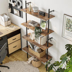 Bestier 65" Industrial Wall-Mounted Ladder Shelf 4 Tier Bookshelf with Storage Organizer Plant Flower Display Stand Round Tube Bookcase Rack with 2 Hooks for Home Office,Large,Rustic Brown