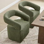 Upholstered Dining Chairs with Casters, Modern Barrel Side Armchair with Rollers for Dining Room, Bedroom, Kitchen, Reading Room, Green, Set of 2