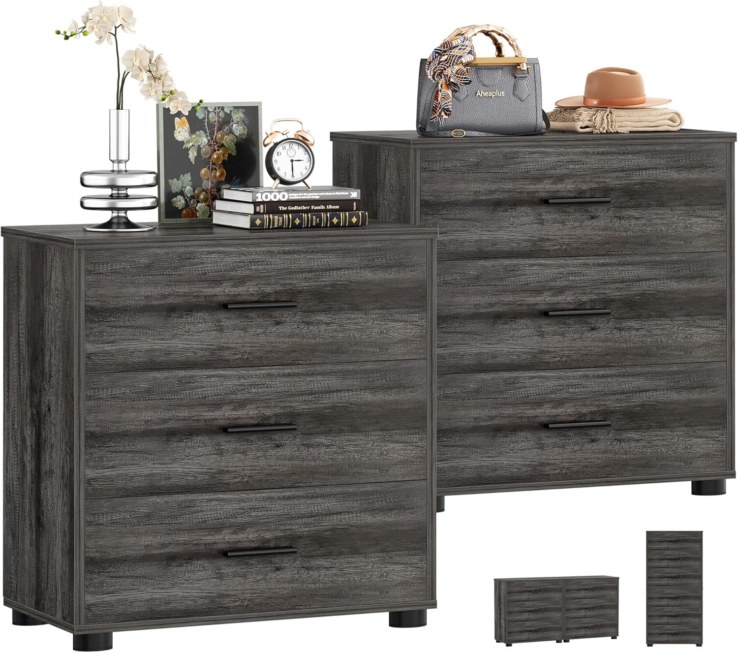 Aheaplus Closet Drawers Set of 2, Wood Closet Organizers and Storage with 3 Drawers, Closet Drawers Organizer System, Nightstands Bedside End Table with 3 Drawers Storage for Bedroom, Black Oak