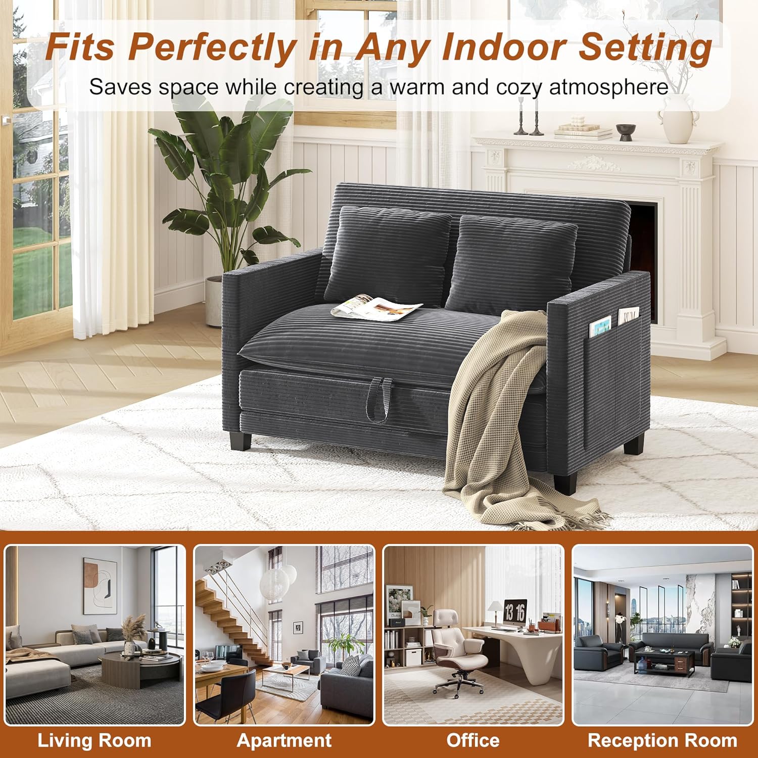 XVD 51 Inch Convertible Sofa Bed Sleeper with Storage Pockets & 2 Pillows - 2-in-1 Folding Loveseat for Small Spaces, Modern Corduroy Loveseat for Apartment, Living Room, Guest Room, Grey