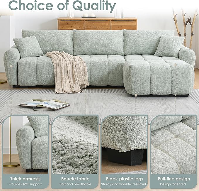 Ball & Cast Modular Sectional Sofa W/Movable Ottoman and 2 Lumbar Pillows,4 Seater L Shaped Couch W/Deep Seat&Pull-line Design,Boucle Fabric Upholstered Sofa for Living Room,Apartment,Light Green,110"