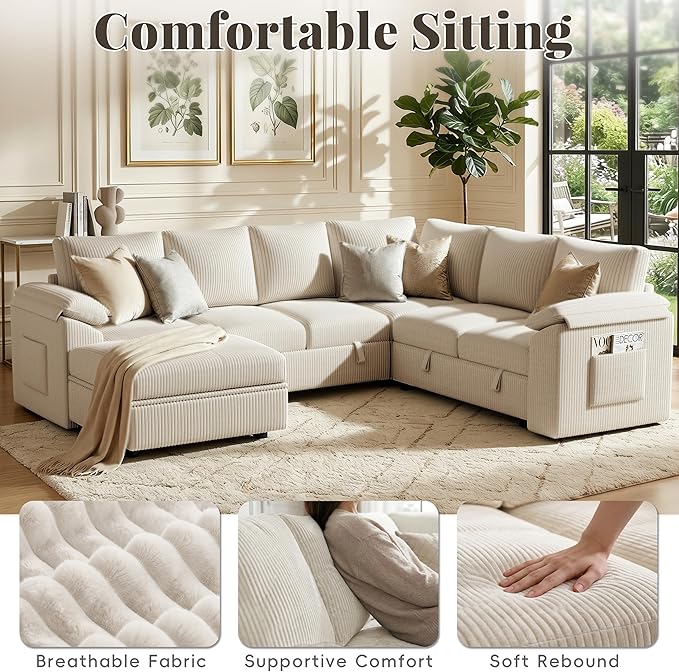 108 Inch Sectional Sleeper Sofa Bed with Pull Out Couch, U Shaped 7 Seat Cloud Modular Sectional Sofa with Storage, Corduroy Sectional Couches for Living Room, Removable Sofa Cover, Beige