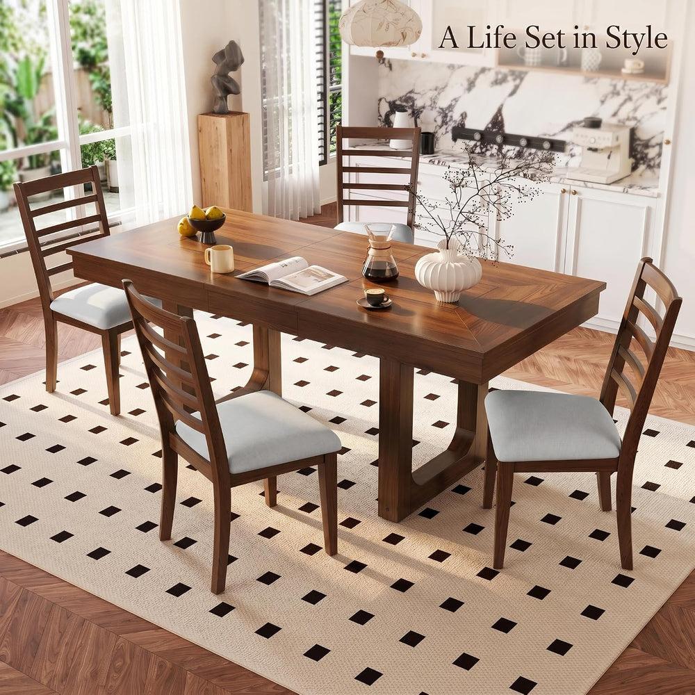 Farmhouse Extendable Dining Table Set with 8x10 Beige Washable Non-Slip Area ...