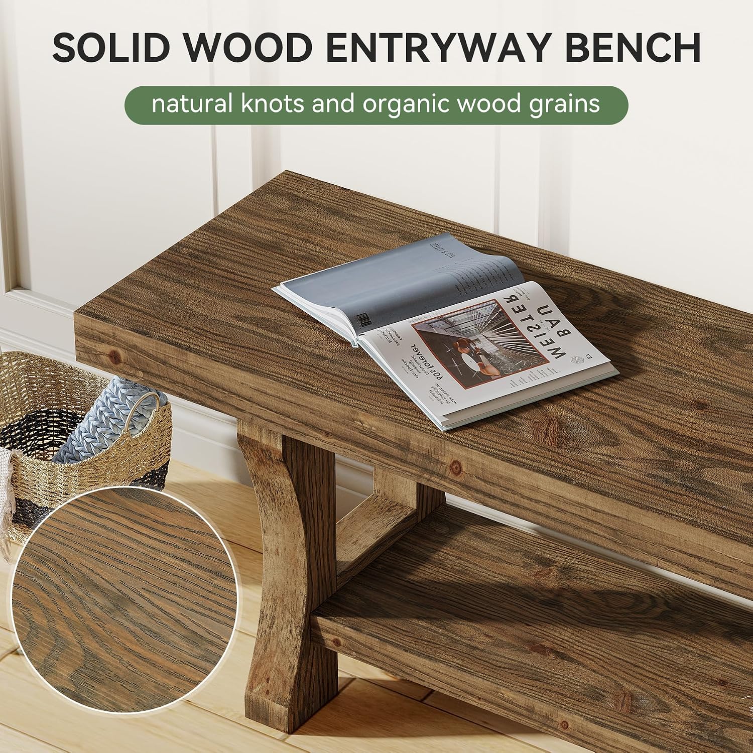 Solid Wood Storage Bench, Farmhouse Entryway Bench, Long Indoor Dining Seat for Hallway, Bedroom, Living Room, Dining Room, Easy Assembly, Dark Brown