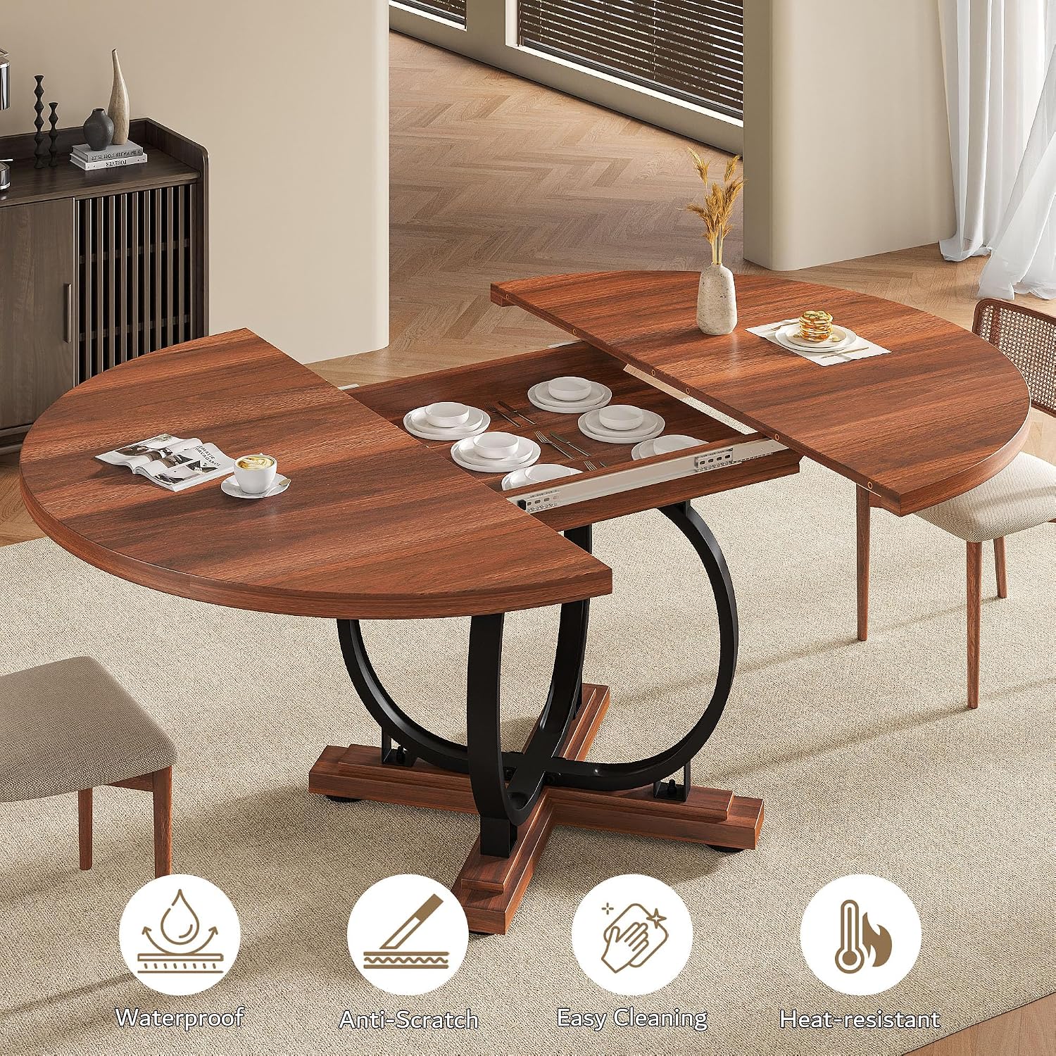 Einhomn 59" Extendable Round Dining Table for 4-6, Modern Oval Kitchen Table with Heavy Duty Curved Legs & Pedestal Base, Space Saving Circle Dinner Room Table for Dining Kitchen Living Room, Walnut