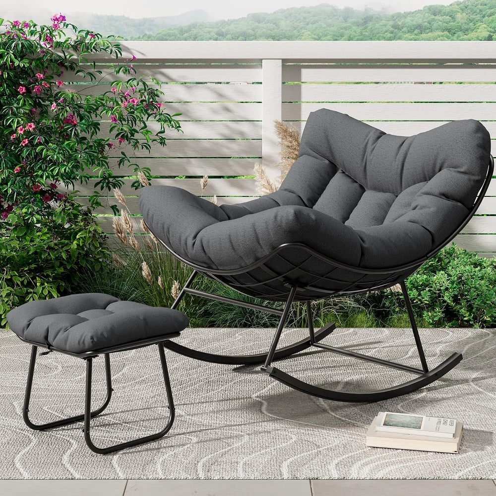 GarveeLife Oversized Papasan Rocking Chair with Footrest, Outdoor Lounge Chai...
