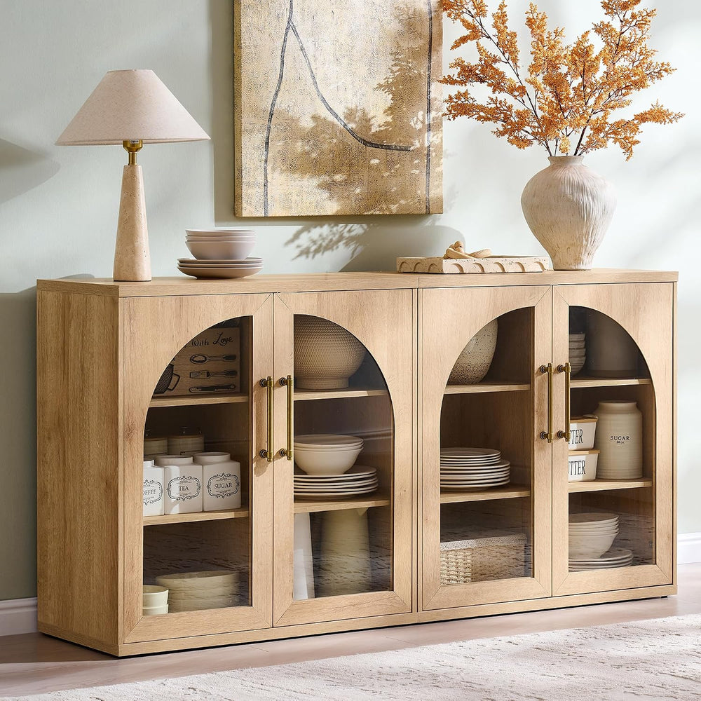 ACCOHOHO Glass Arched Door Sideboard Buffet Cabinet Set of 2, Natural Oak