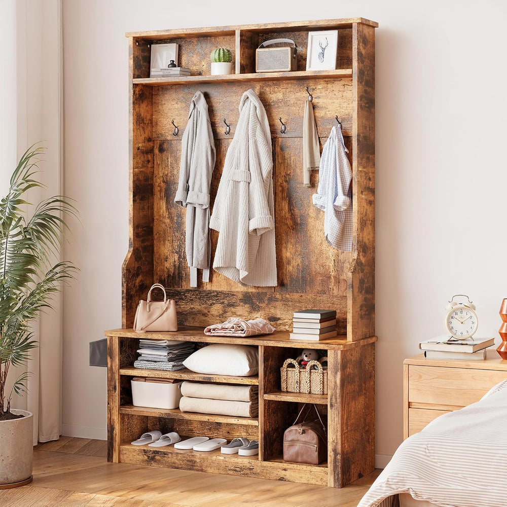 Aiho Hall Tree with Bench and Shoe Storage,5-in-1 Entryway Bench with Coat Ra...