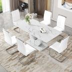 Dining Table Set for 6, Kitchen Table Chairs Set of 6, Modern Dining Room Set 71'' Faux Marble Dinner Table PU Leather Upholstered Chairs for Kitchen (White, 71”)