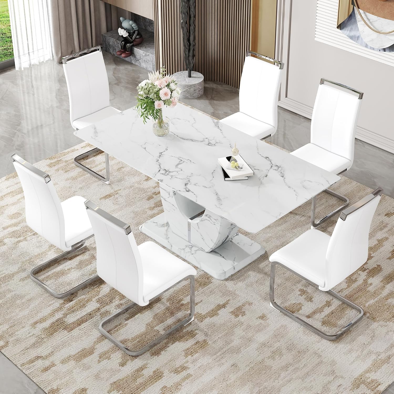 Dining Table Set for 6, Kitchen Table Chairs Set of 6, Modern Dining Room Set 71'' Faux Marble Dinner Table PU Leather Upholstered Chairs for Kitchen (White, 71”)