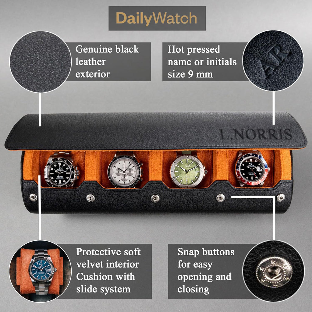 DailyWatch | Personalized Watch Roll Travel Case For 4 Watches - Handmade Genuine Leather Travel Case With Custom Engraving of Name or Initials - Black Orange