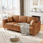 Faux Leather Couch with 2 Throw Pillows, Sofa Couches for Living Room, 3 Seater Sofa with Wide Armrests, Wood Legs, Deep Seats, Back Cushion, Sturdy Support Feet, for Office, Living Room, Brown