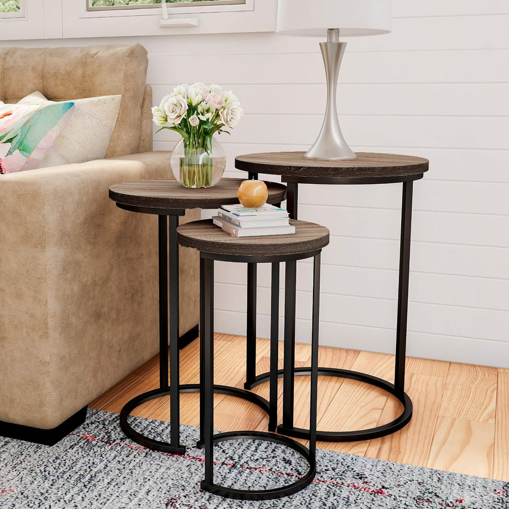 Lavish Home Round Nesting Tables Set of 3, Woodgrain-Look Top, Gray-Brown | 2...