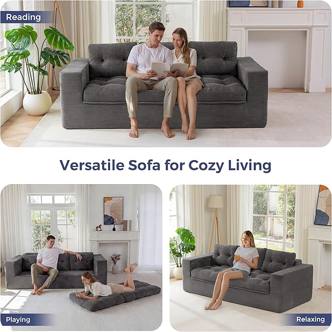 MAXYOYO 79" Loveseat Sofa Couch for Small Spaces, Upholstered Boneless Cloud Couch for Apartment Bedroom, 2-Seater Love Seat Floor Modern Sofa with Pillows, No Assembly Required, Dark Grey