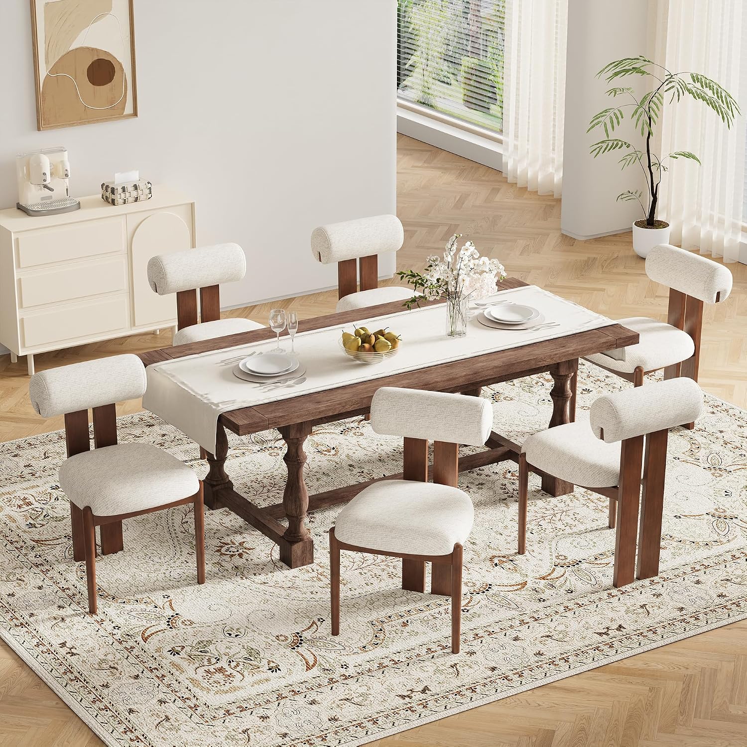 MALOL Modern Wooden Dining Chairs Set of 4, Upholstered Fabric Kitchen Chairs with Sculptural Backrest, Mid-Century Farmhouse Dining Room Chairs with Solid Wood Legs, Beige