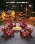 SERWALL Folding Adirondack Chair, 4 in 1 Cup Holder Wood Texture - Red | Outdoor Adirondack Chairs, Plastic Fire Pit Chair with Wood Texture, 4 in 1 Tray, Lawn Chair, Backyard Patio Seating