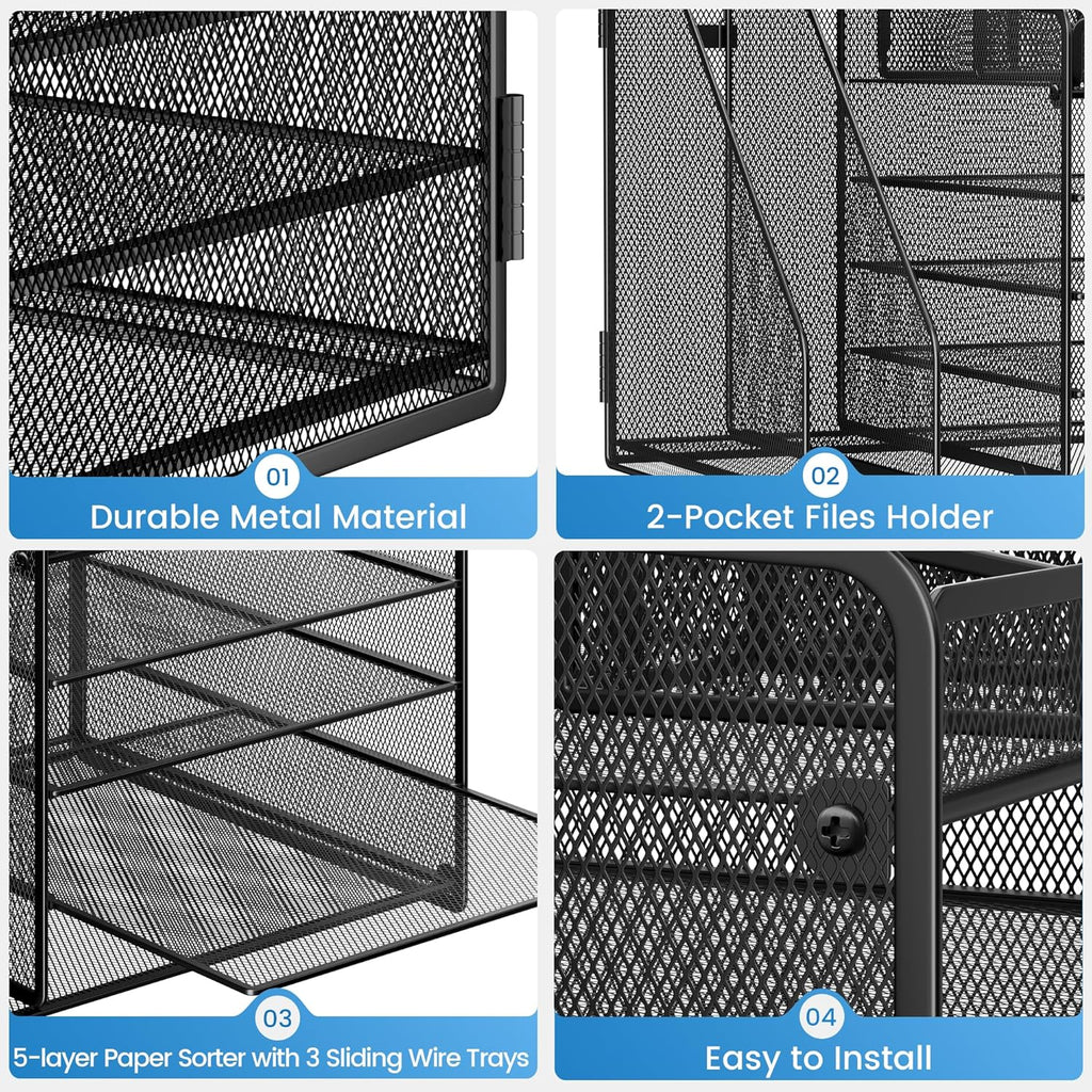 Lavatino Desk Organizer, 5-Tier Metal Mesh Paper Letter Tray with 2 File Holders & 7 Flexible Dividers for Office or Home Desk Organizers and Accessories, Keep Workspace Supplies Neat, Black