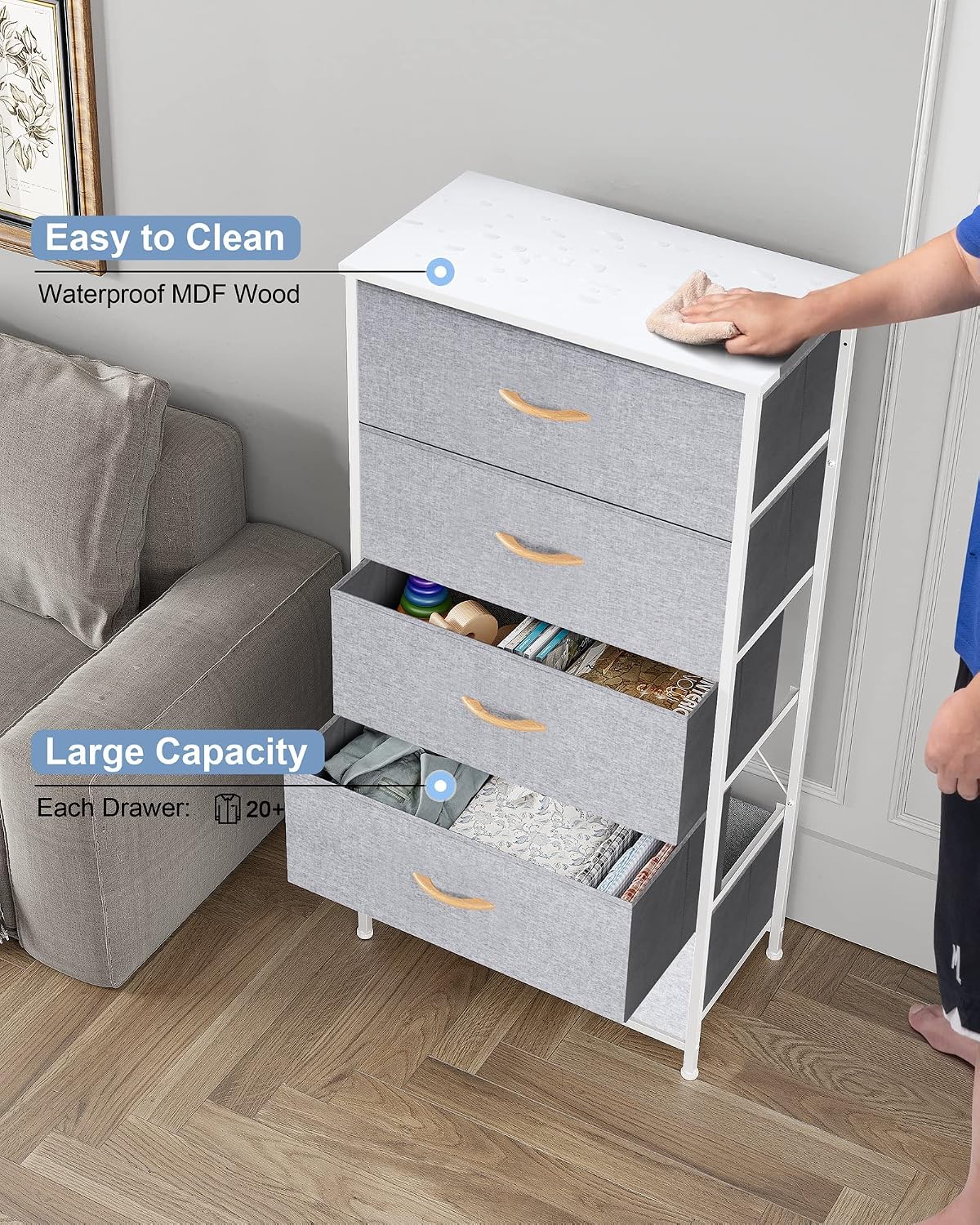Tall Dresser, Wide Vertical Fabric Storage Organizer, 5 Drawer (Light Gray) | Sturdy Steel Frame, Wood Top and Easy Pull Handle, Space-saving Organizer for Clothes, Bedroom, Hallway, Entryway, Closets