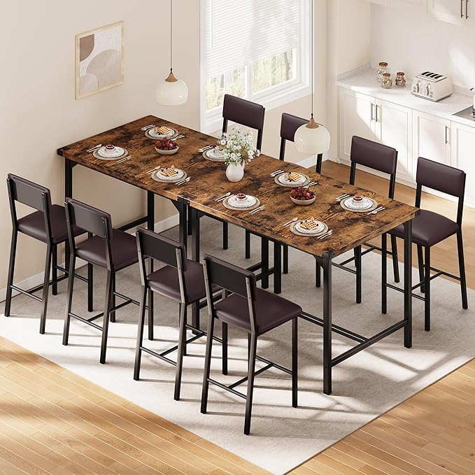 IDEALHOUSE Dining Table Set for 4 w/Footrest & Corner Protector, 5-Piece Kitchen Table Set with Counter Height Table & 4 Upholstered Bar Stools, for Kitchen Room, Apartment, Pub,Retro Brown