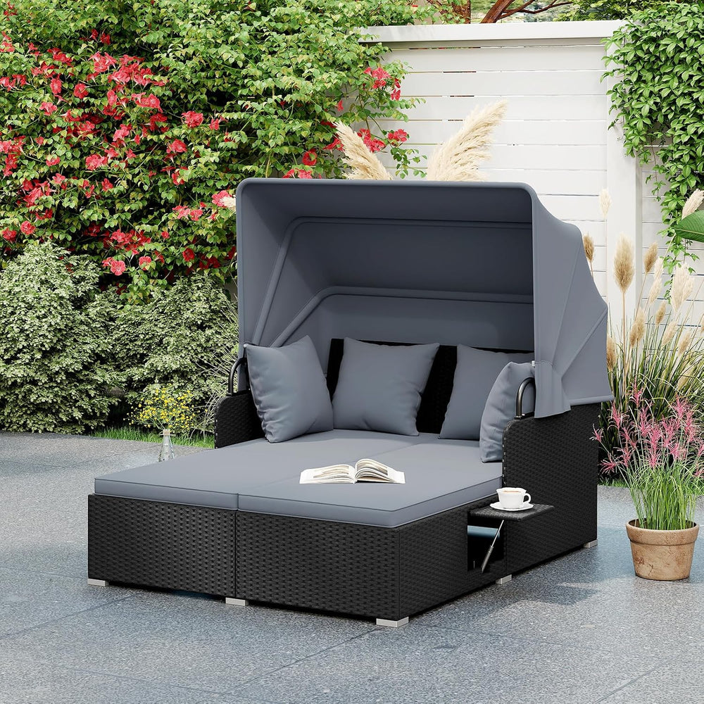 DREAMADE Outdoor Daybed with Canopy, 2 Person Rattan Sunbed with Cushions, 4 ...