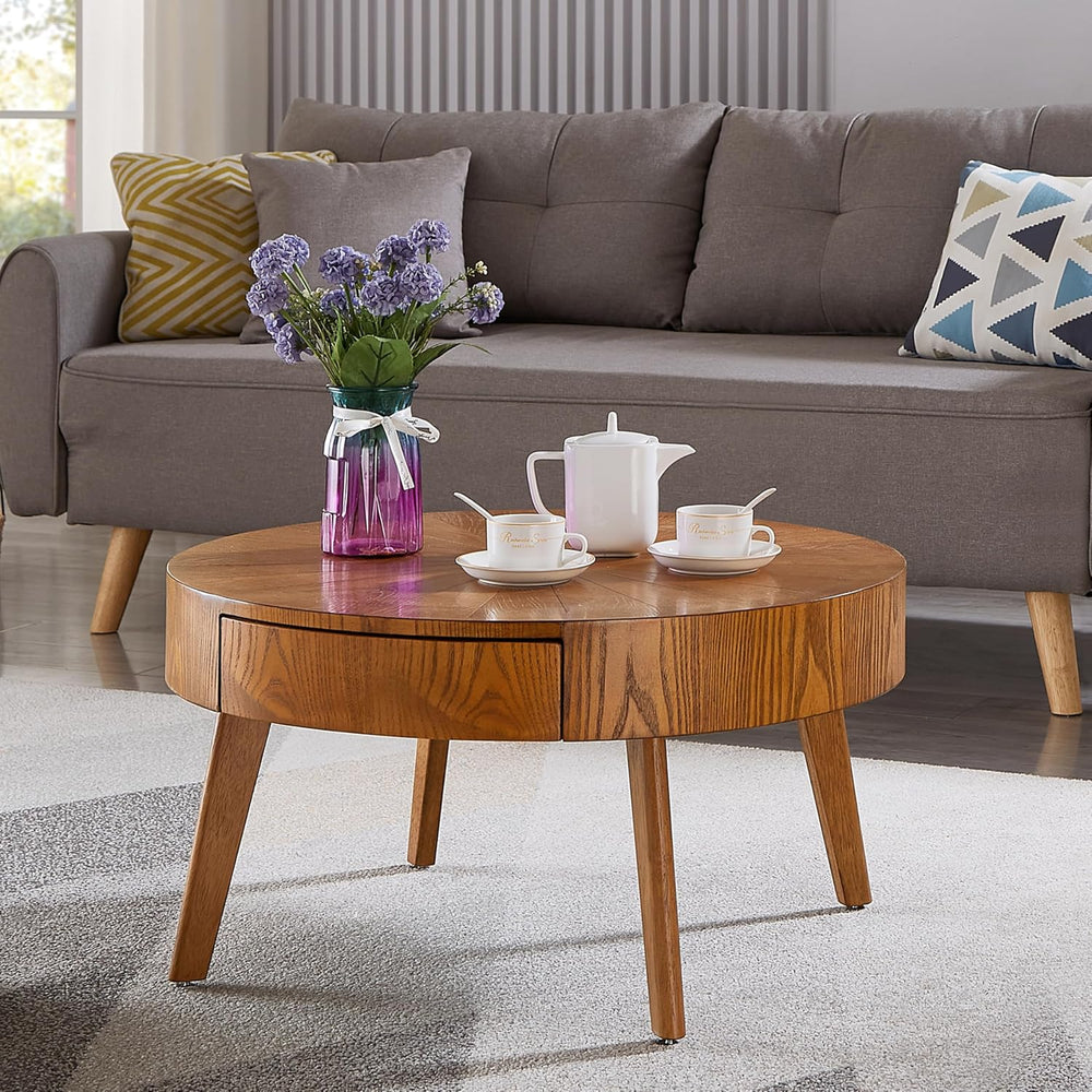 Round Wood Coffee Table for Living Room, Modern Farmhouse Table with Drawer, ...