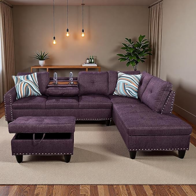 97.5" L Shaped Couch Set, Modular Sectional Couches for Living Room with Storage Ottoman, 4 Seat Home Sofa Living Room Furniture Sets with Chaise for Apartment Office (Linen, Purple)