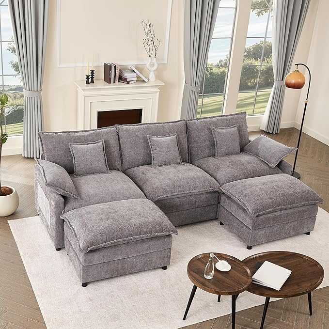 108" U Shaped Couch, Modular Sectional Sofa, 3-Seater Comfy Cloud Couch, Set of Modular Pieces with Movable Ottoman, Deep Seat Couches for Living Room, Chenille, Slate