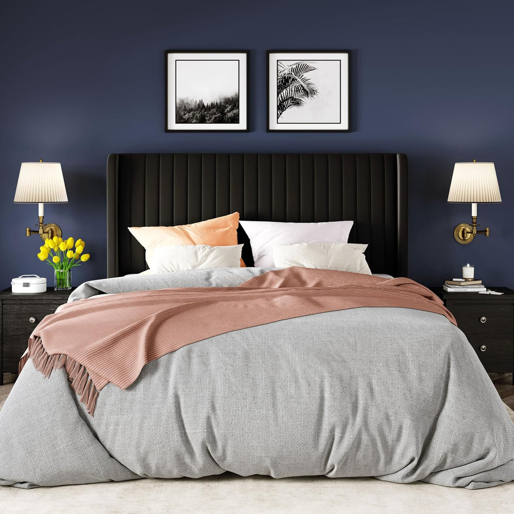 Allewie Queen Size Velvet Bed Frame/Vertical Channel Tufted Wingback Headboar...